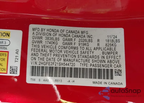 2025 Honda Civic Lx z USA, uszkodzony, nr VIN 2HGFE2F21SH544720